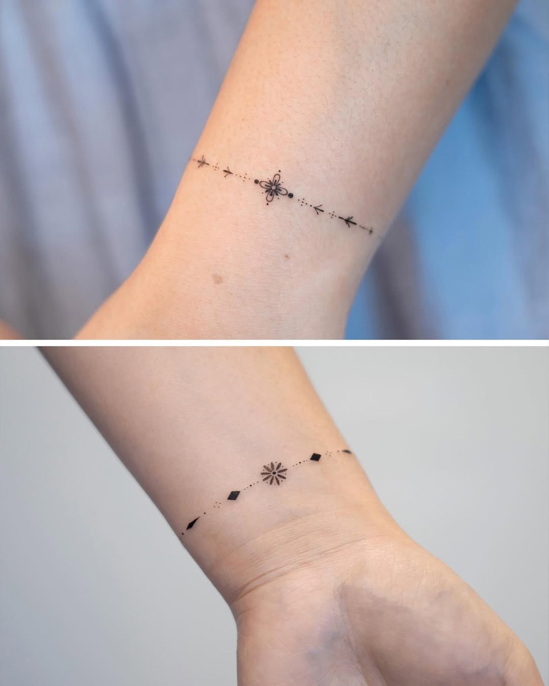 This image showcases a delicate bracelet tattoo wrapped around the wrist.