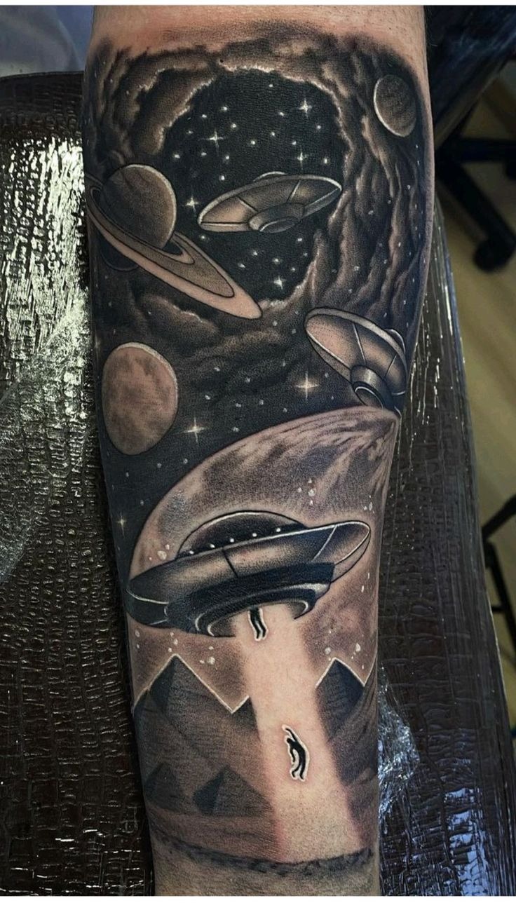 Cosmic Crescent with Watercolor Dust Tattoo Design