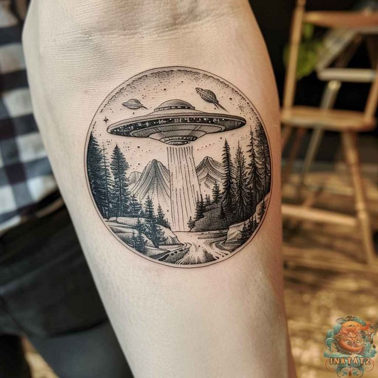 Saturn Fisherman and UFO Light Tattoo Design