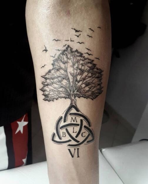 Celtic Roots Tree with Birds Tattoo Design