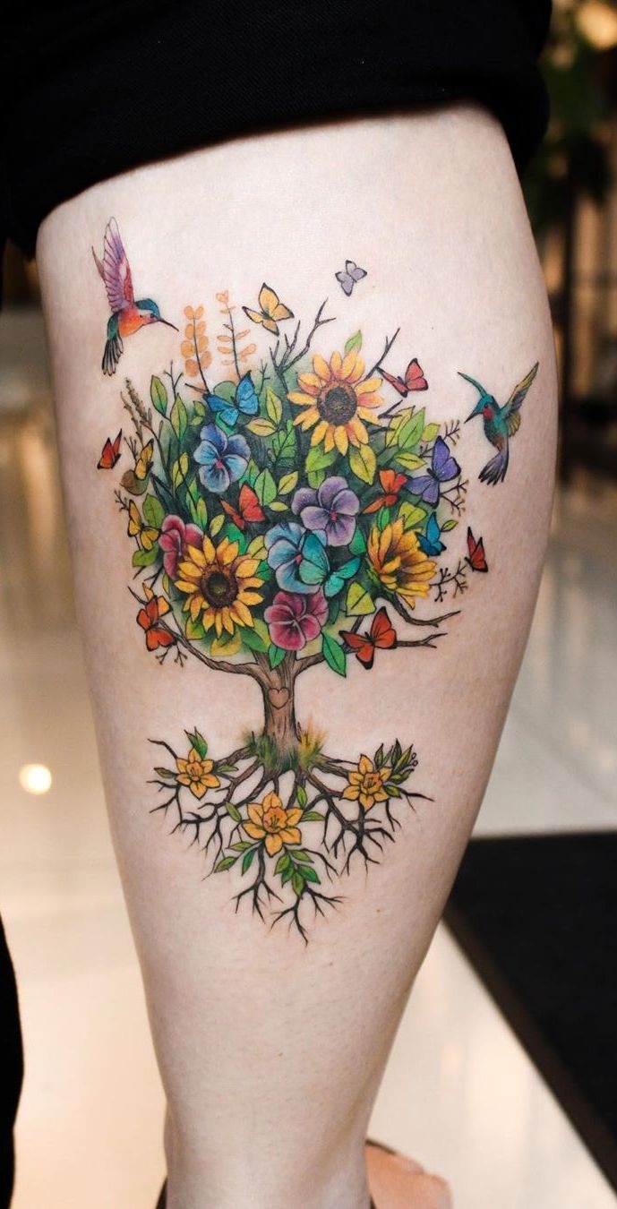 Colorful Floral Tree of Life Tattoo Design