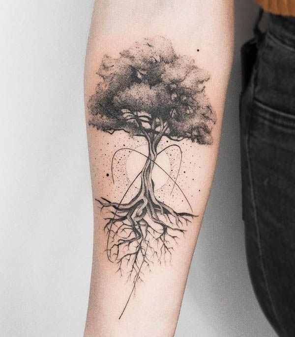 Cosmic Tree with Flowing Roots Tattoo Design