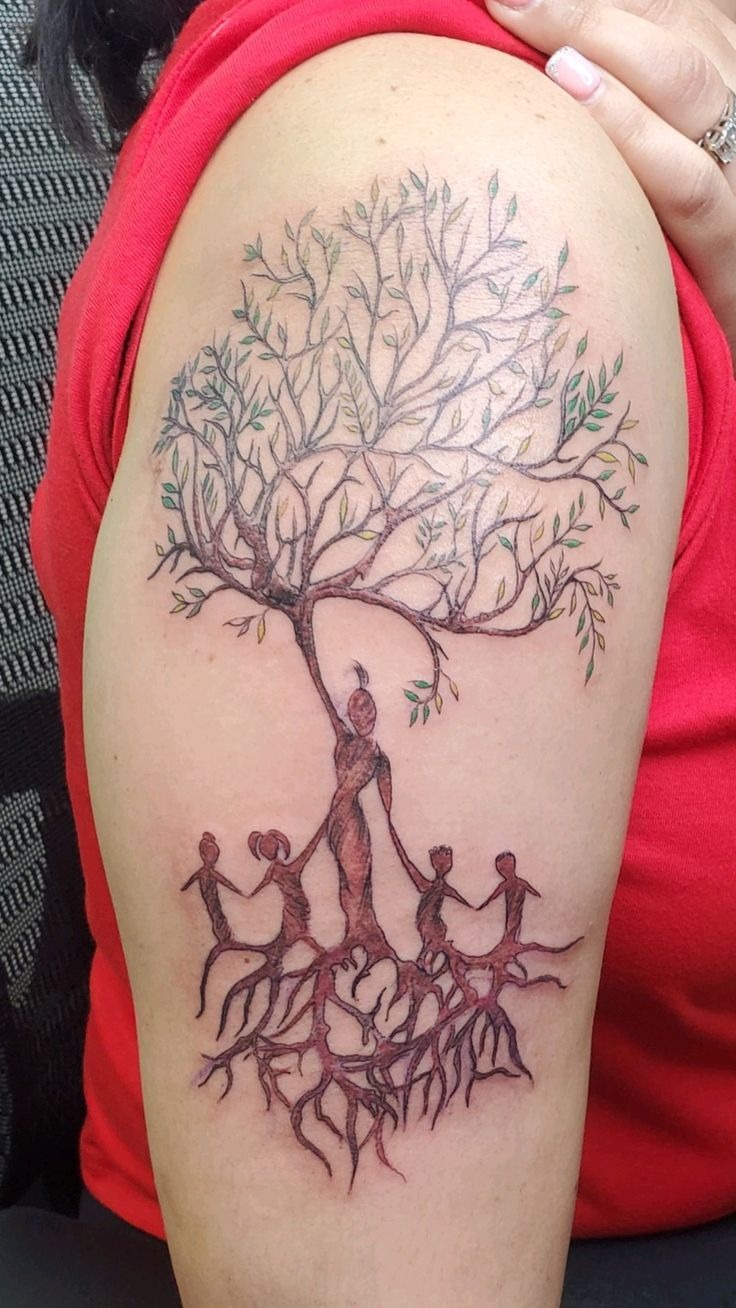 Feminine Tree with Holding Figures Tattoo Design