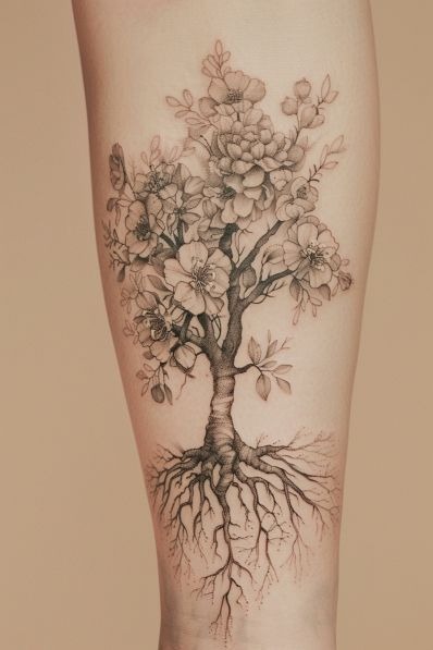 Floral Blossom Tree with Deep Roots Tattoo Design