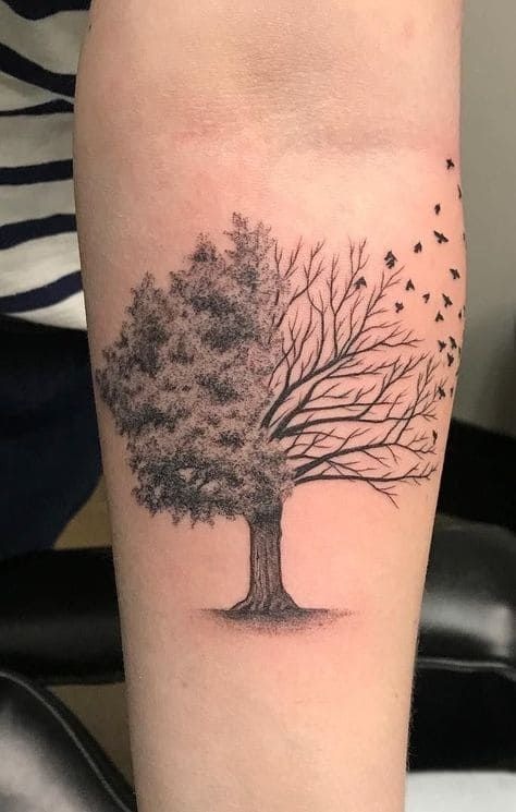 Half-Life Tree with Flying Birds Tattoo Design