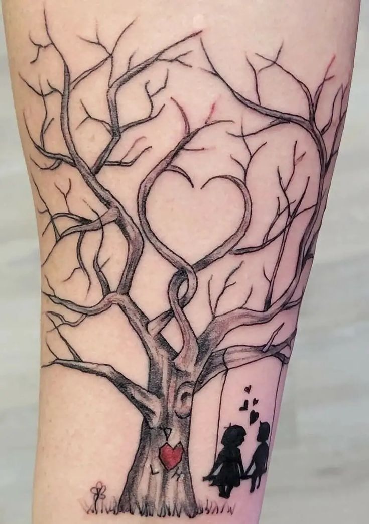 Heart Tree with Lovers Silhouette Tattoo Design