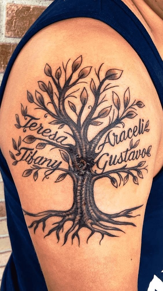 Shoulder Family Tree with Names Tattoo Design