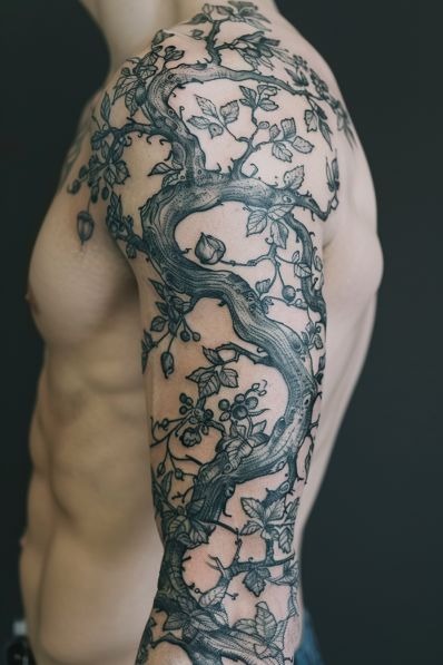 Vine-Wrapped Tree Arm Sleeve Tattoo Design