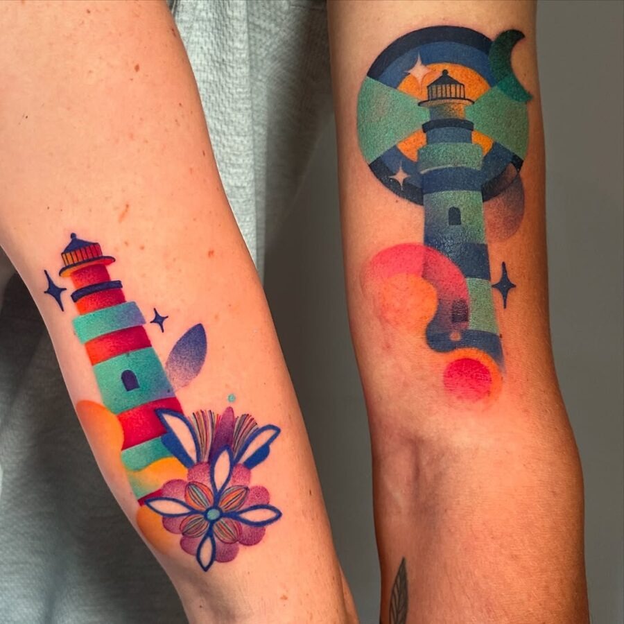 These bright color tattoos feature a lighthouse surrounded by whimsical elements.