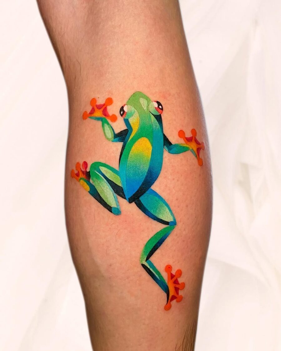 This frog tattoo showcases rich colors and detailed artistry.