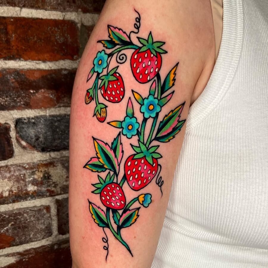 The design centers on vivid strawberry bold background imagery that reads clearly at a glance.