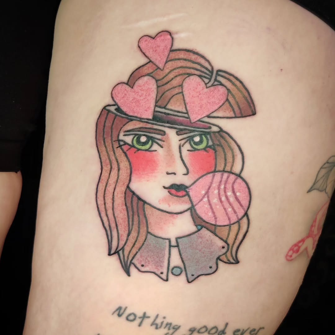 Charming bubble gum tattoo with whimsical hearts Tattoo Design