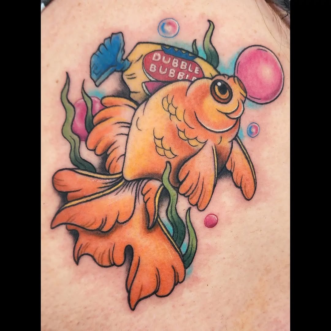 Whimsical goldfish with bubble gum delight Tattoo Design