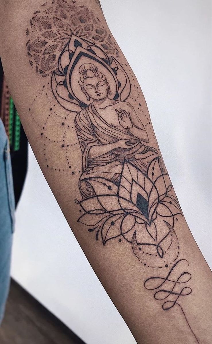 Fineline Buddha with Mandala Flow Tattoo Design