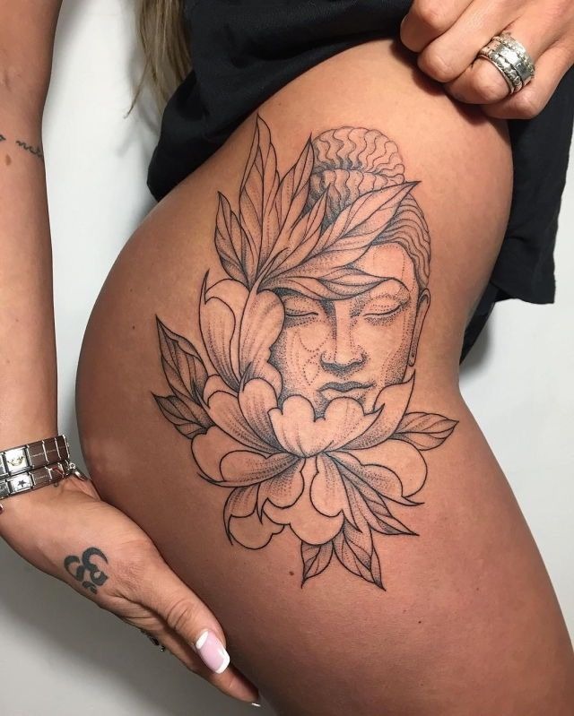 Floral Muse Thigh Fineline Tattoo Design