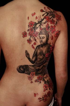 Full-Back Blossom & Buddha Story Tattoo Design