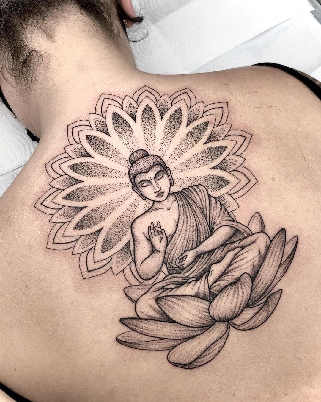 Haloed Lotus Back Piece Tattoo Design