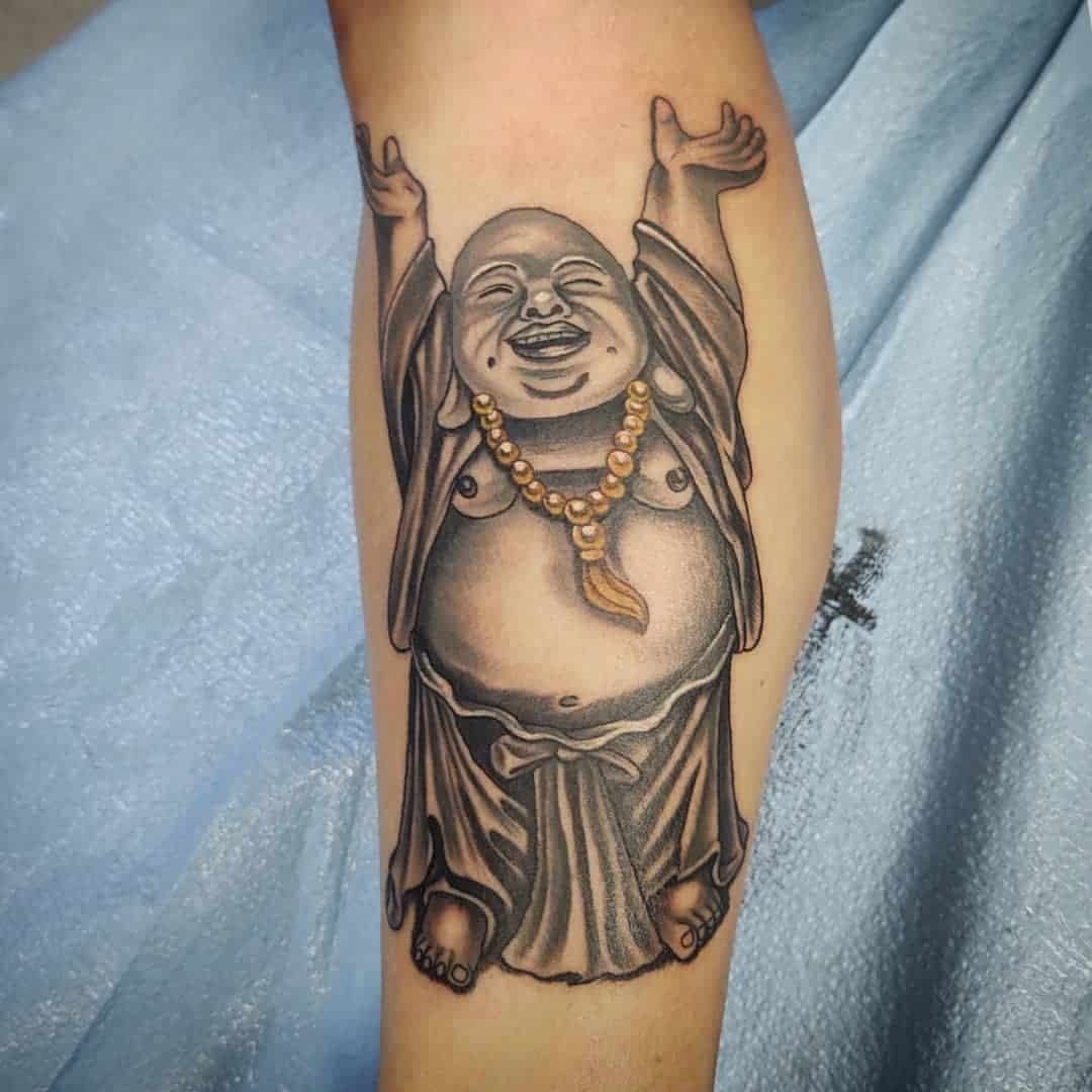 Laughing Buddha Forearm Joy Tattoo Design
