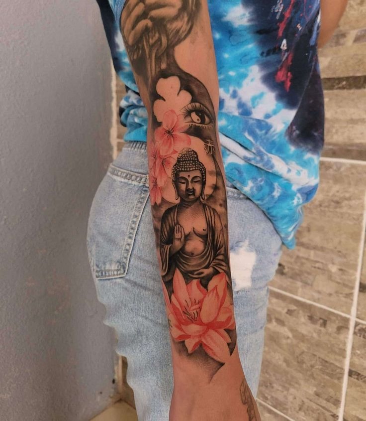 Lotus & Buddha Half-Sleeve Tattoo Design