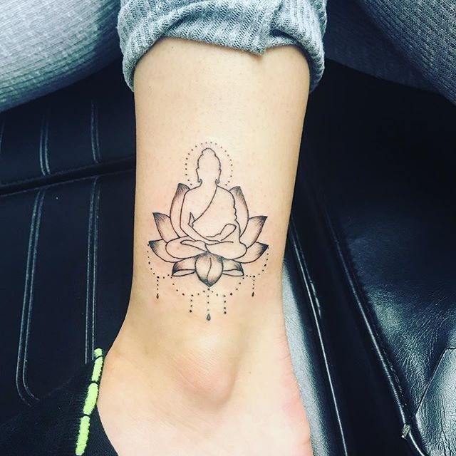 Minimal Ankle Lotus Meditator Tattoo Design