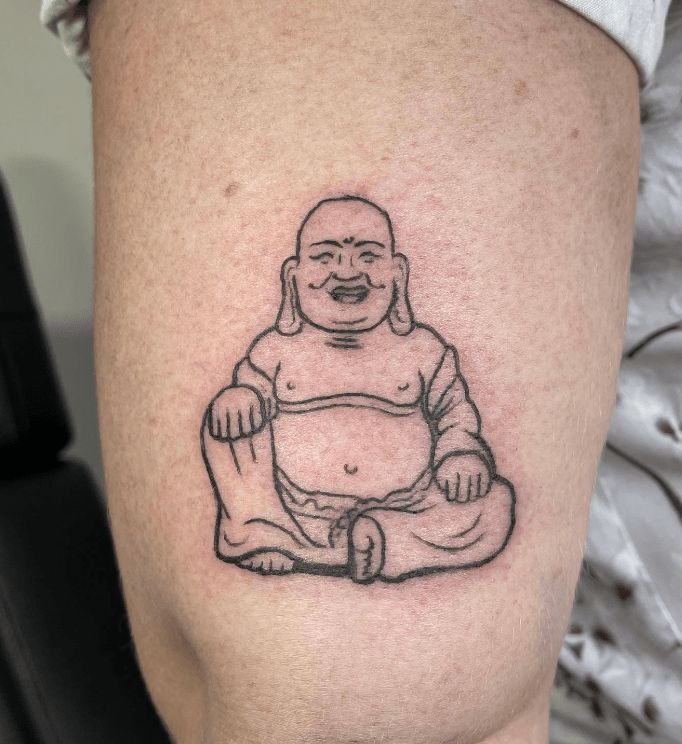 Minimal Happy Buddha Linework Tattoo Design