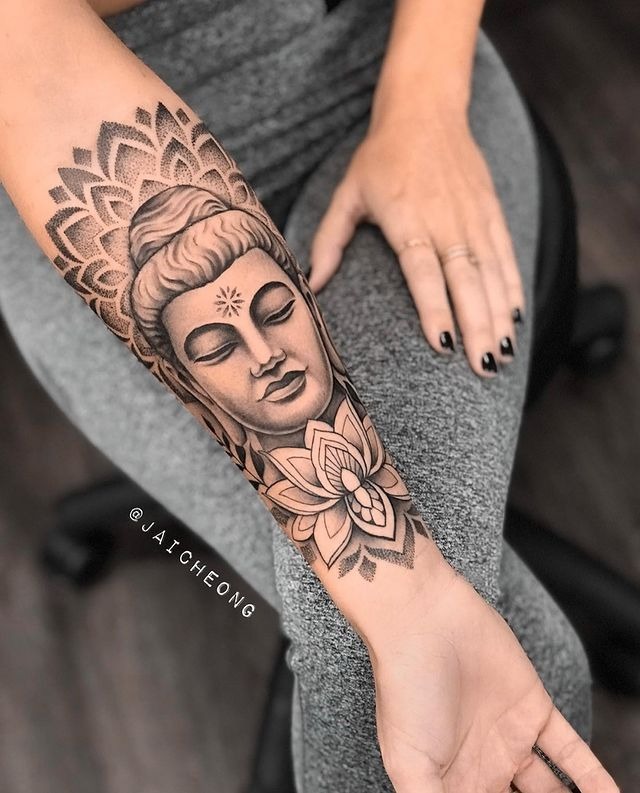 Serenity Portrait with Lotus Cuff Tattoo Design