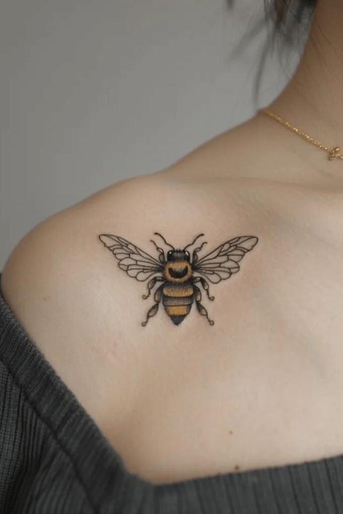 Collarbone Bee Emblem Tattoo Design