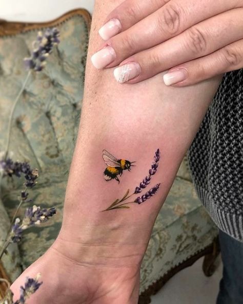 Micro Bee with Lavender Sprigs Tattoo Design