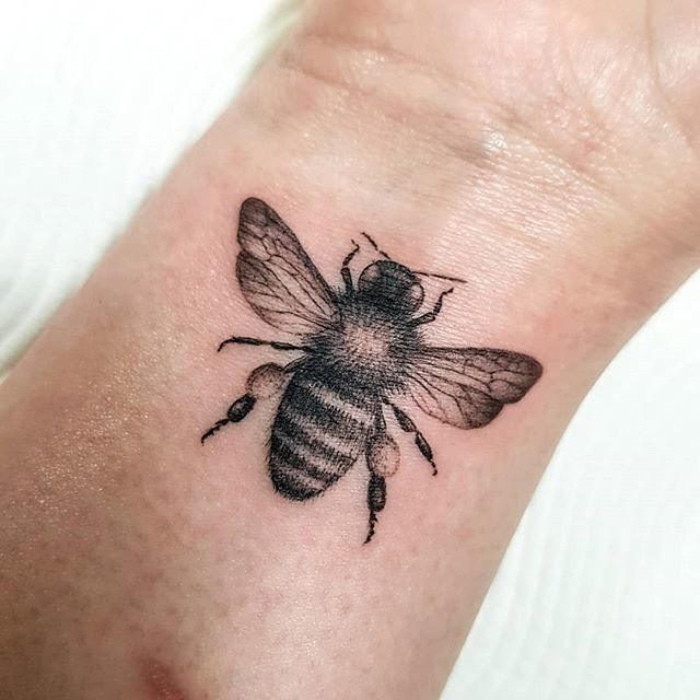 Soft Shaded Wrist Bee Tattoo Design