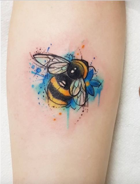 Watercolor Bee with Blue Petal Splash Tattoo Design