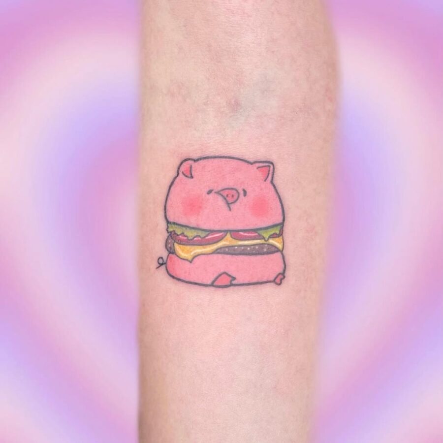 Adorable Pig Burger Tattoo with Playful Vibes Tattoo Design