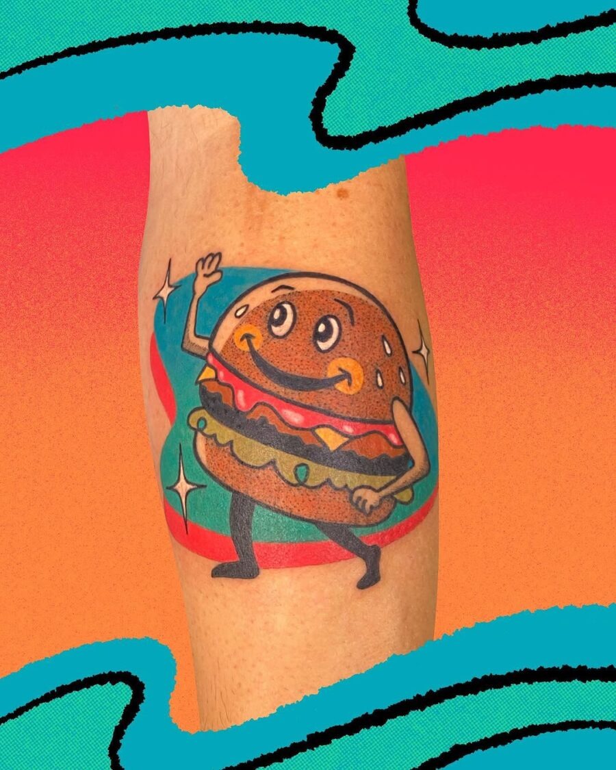 Cheerful cartoon burger with playful vibes Tattoo Design