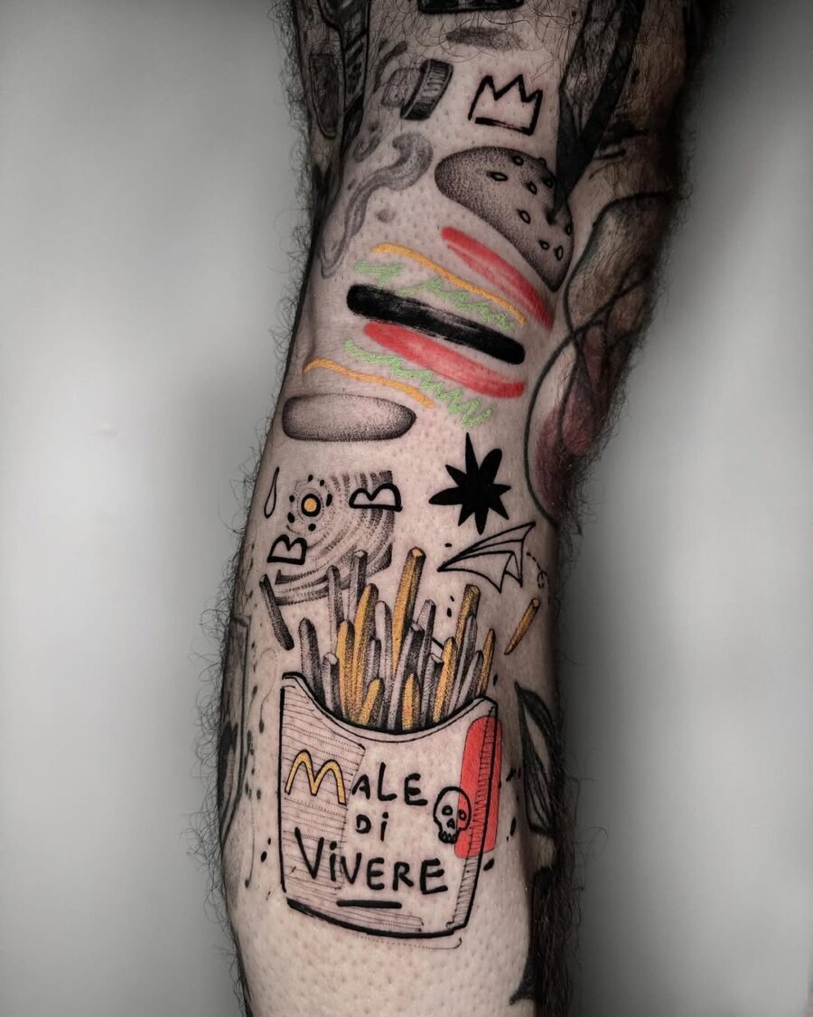 Colorful burger tattoo with artistic fries design Tattoo Design