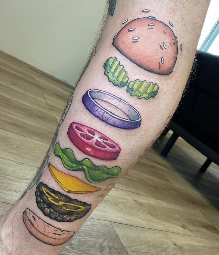 Colorful Burger Tattoo with Layered Ingredients Tattoo Design