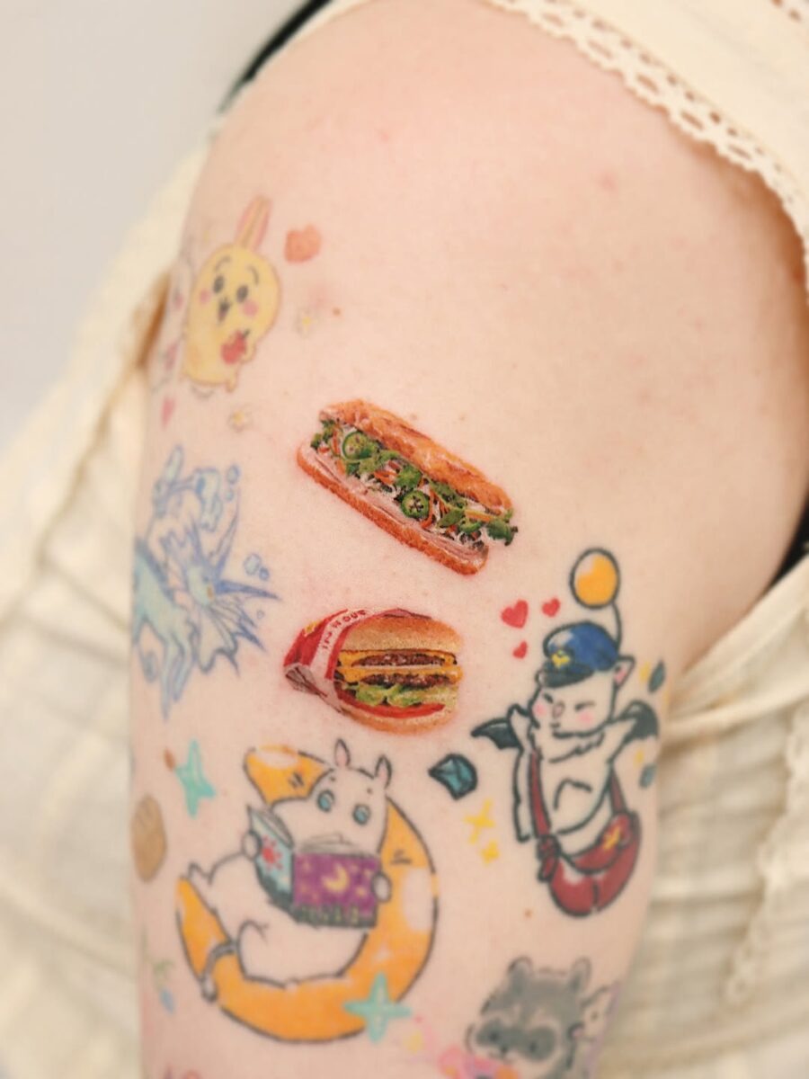 Colorful burger tattoos with playful design elements Tattoo Design