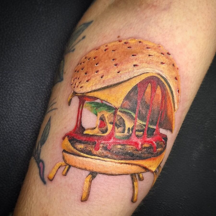 Colorful Hyper-Realistic Burger Tattoo Tattoo Design