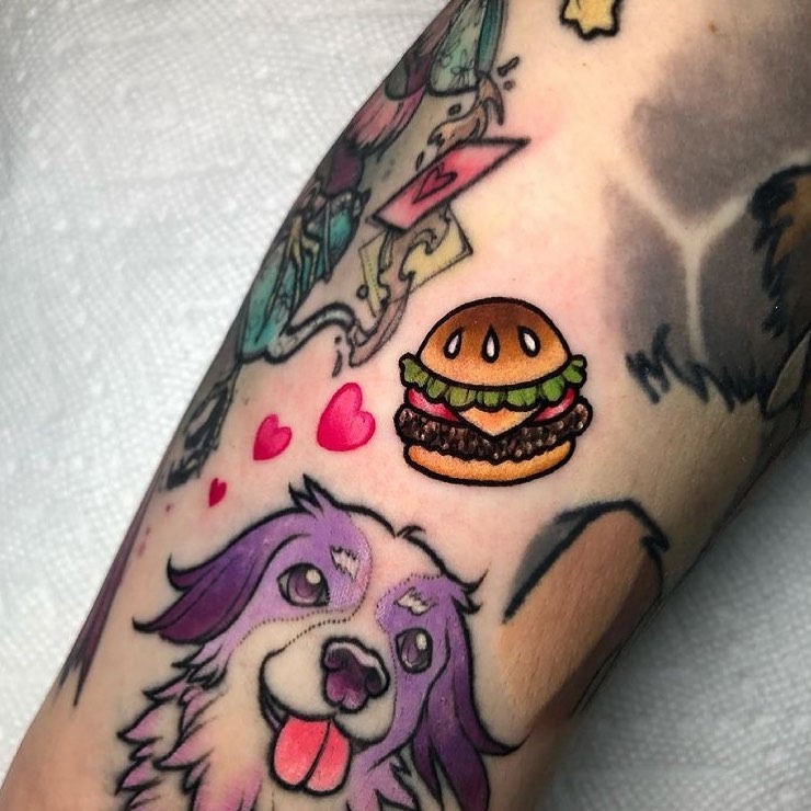 Cute burger tattoo with vibrant cartoon style Tattoo Design