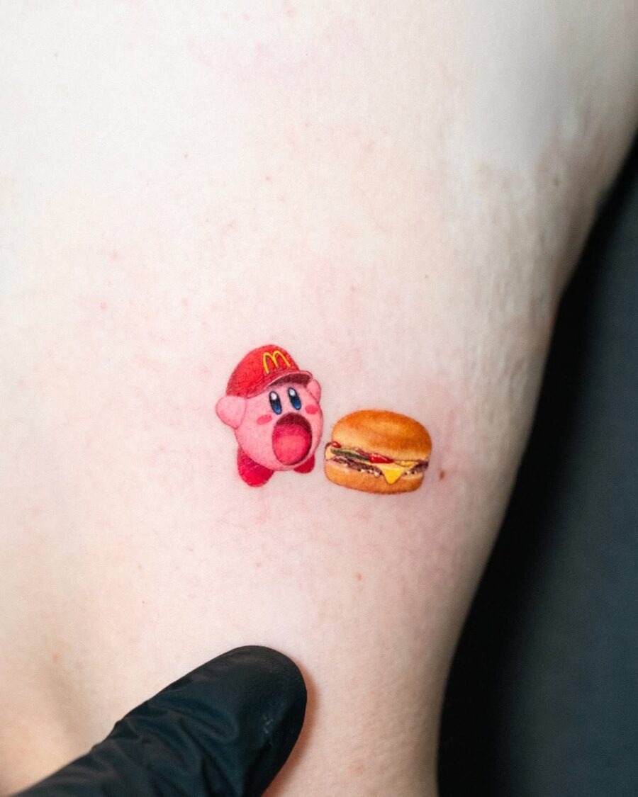 Cute Kirby with a Tasty Burger Tattoo Tattoo Design