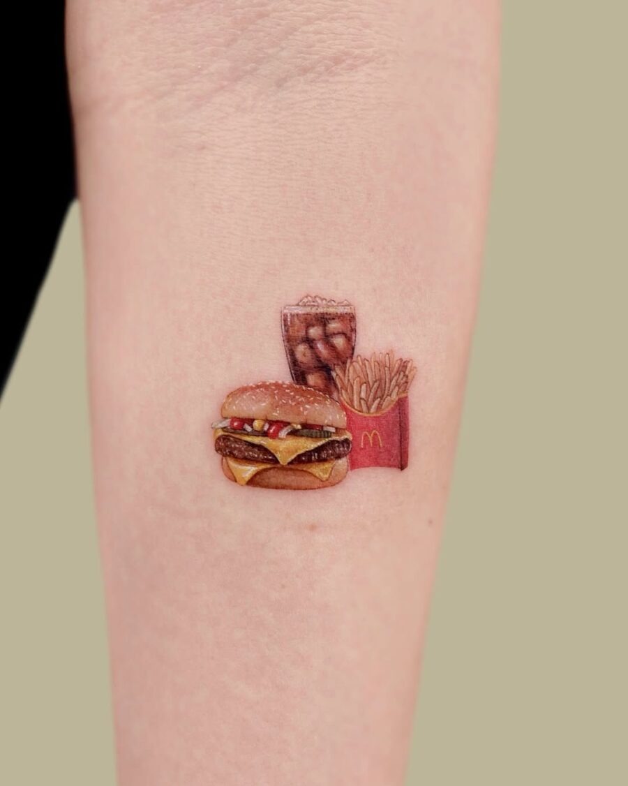 Delicious burger tattoo with fries and drink Tattoo Design