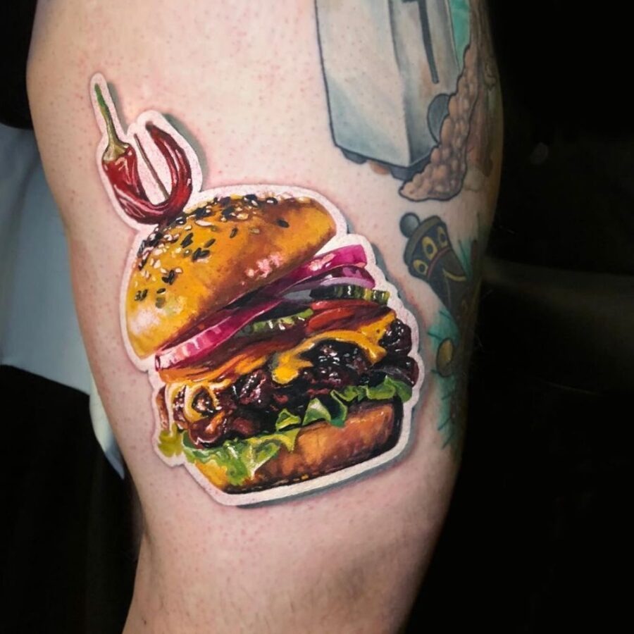 Deliciously vibrant burger tattoo on display Tattoo Design