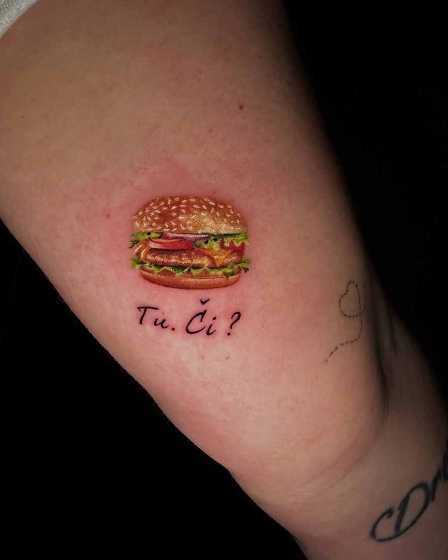 Delightful burger tattoo with quirky text Tattoo Design