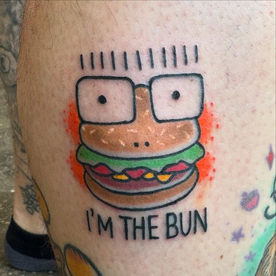 Playful burger character with quirky glasses tattoo Tattoo Design