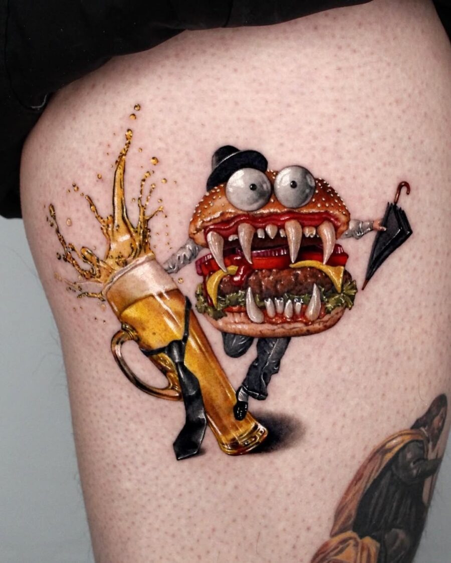Playful burger tattoo brings fun character to life Tattoo Design