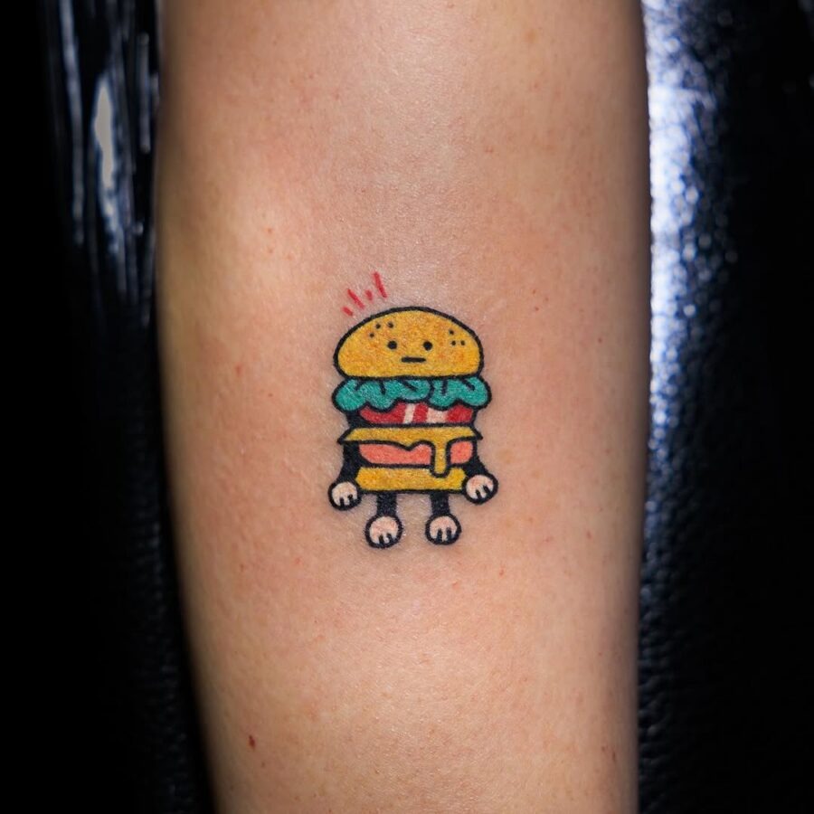 Playful Burger Tattoo with Tiny Legs Tattoo Design