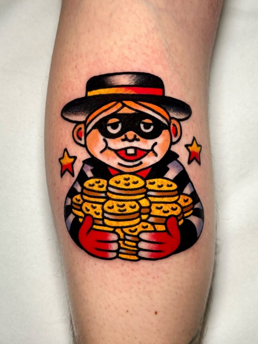 Playful burger-themed character tattoo design Tattoo Design