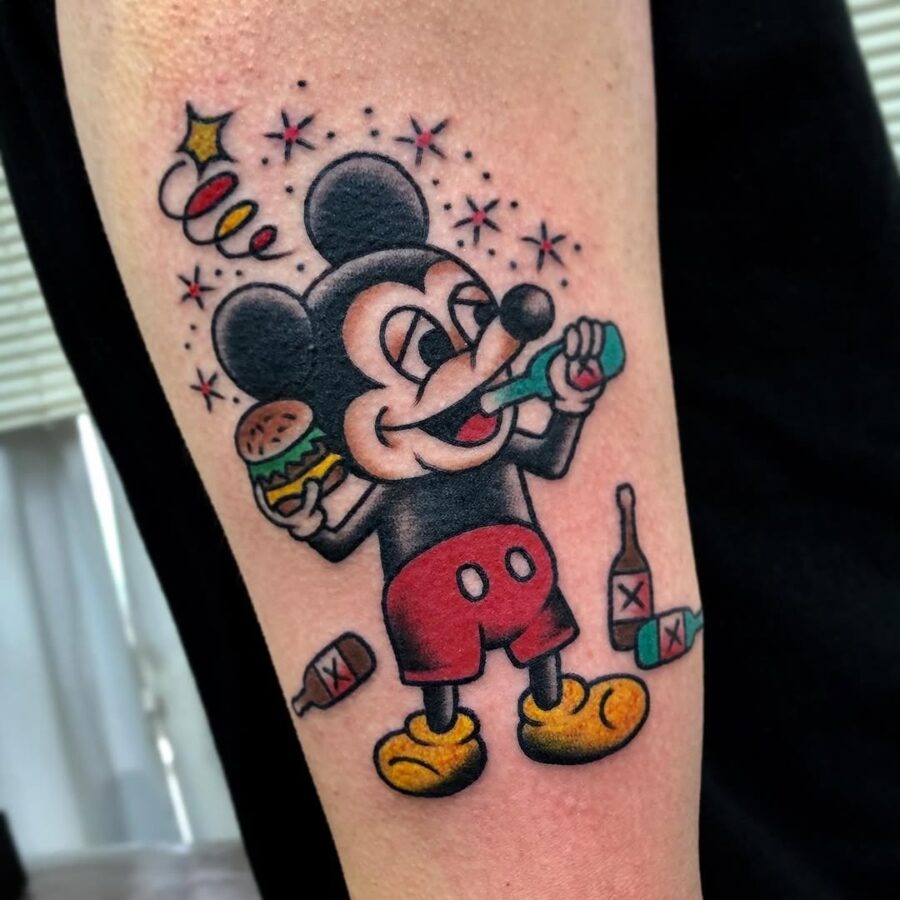 Playful Mickey Enjoying a Burger Tattoo Tattoo Design