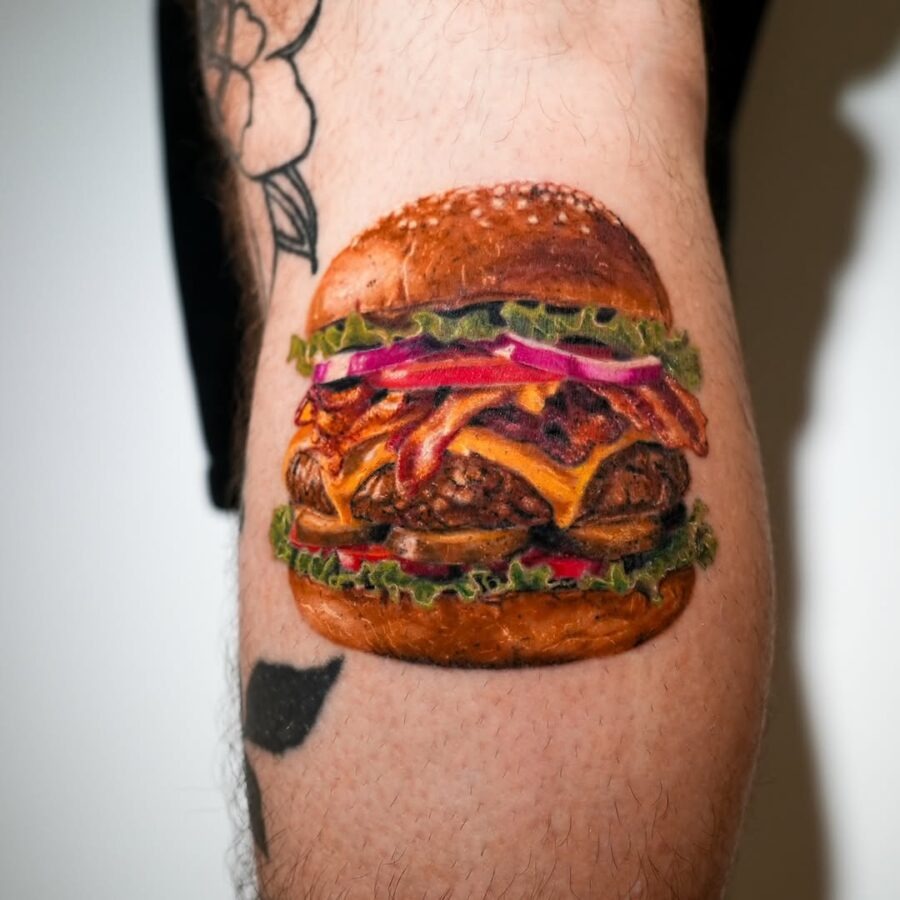 Savor the details of this juicy burger tattoo Tattoo Design