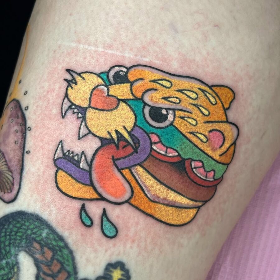 Vibrant burger-inspired tiger tattoo design Tattoo Design