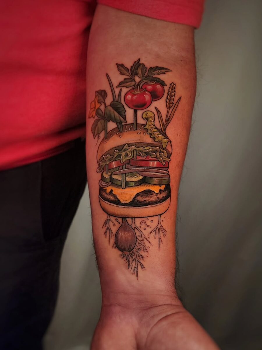 Vibrant burger tattoo with fresh produce elements Tattoo Design
