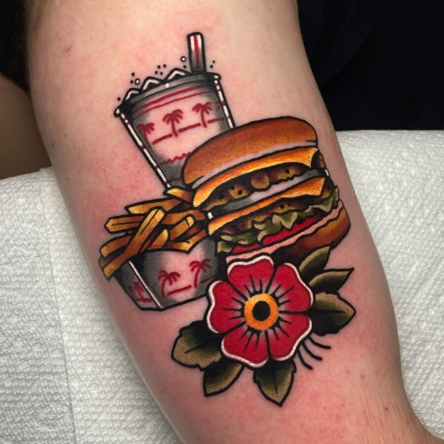 Vibrant burger tattoo with fries and drink Tattoo Design